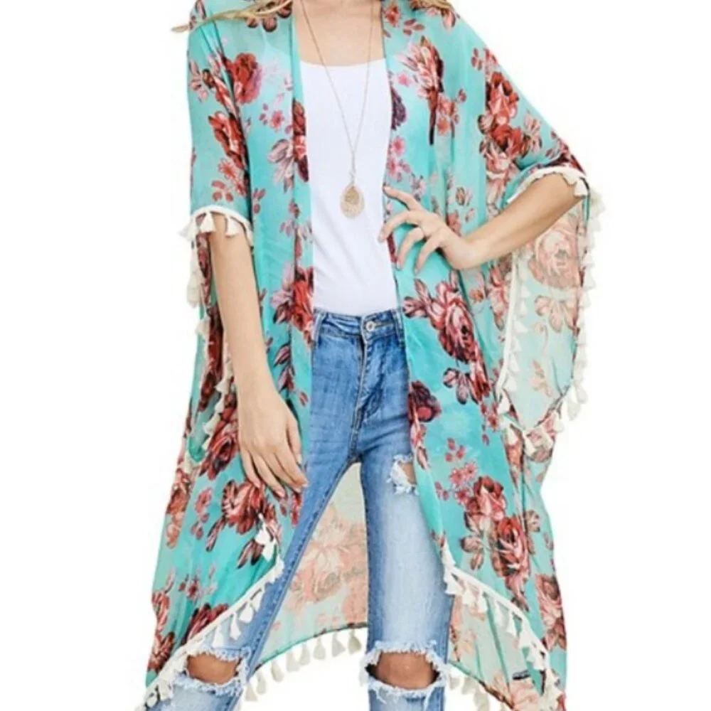 RIAH Green Kimono Floral Fringe Plus EUC 1X 2X L XL - Picture 3 of 8